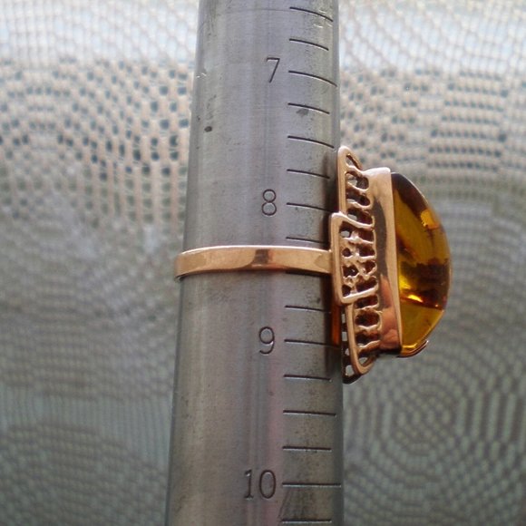 Vintage Russian Russia 14K 583 Rose Pink Gold Baltic Honey Amber Cocktail RING - Picture 10 of 10